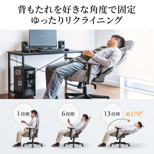 前傾チルト付き ゲーミングチェア ファブリック生地  170°リクライニング アームレスト ヘッドレスト ランバーサポートつき グレー