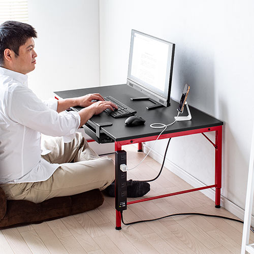 ゲーミングローデスク ローデスク 高さ可変 3段階可変 幅100cm 奥行60cm タップ受け カーボン調天板 レッドフレーム