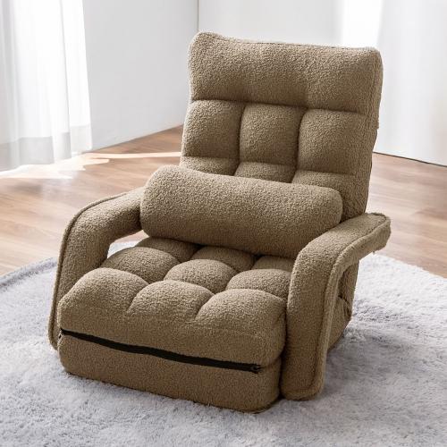 【12/26 16時まで特価】ダブルクッション座椅子 ボア生地タイプ 肘掛け付き 14段階リクライニング ブラウン