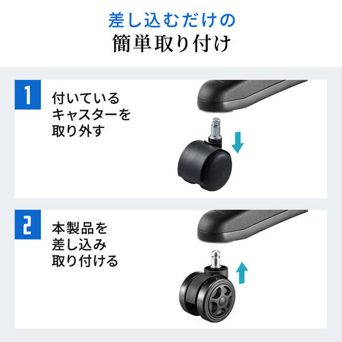 ゲーミングチェア 交換用キャスタ 大型 硬質ウレタン 双輪キャスター 5個入りブラック
