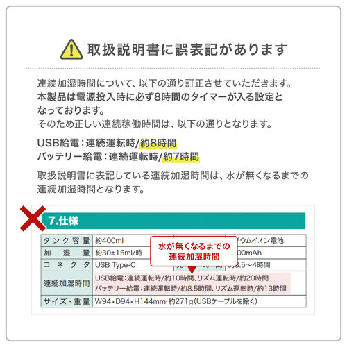 卓上加湿器 USB充電式 超音波式 上部給水 400ml タイマー付き ホワイト
