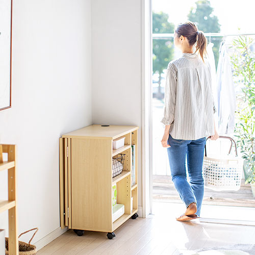 折りたたみデスク コンパクトデスク 折りたたみワゴン 作業台 リビング学習 テレワーク 拡張デスク キャスター付き 北欧 おしゃれ シンプル ライトブラウン