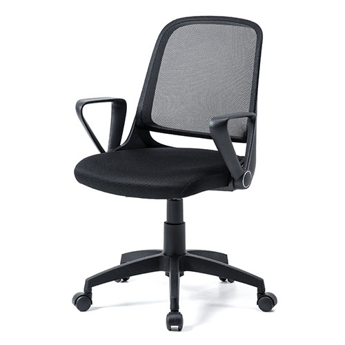 【在庫限り】メッシュチェア 跳ね上げ式アームレスト ミドルバック ブラック