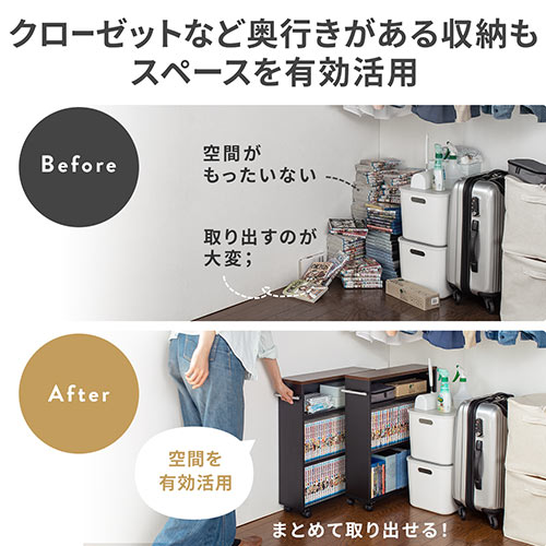 すきま収納ラック 本棚 薄型 低い キャスター付き 3段 幅15.5 奥行55.5 高さ65cm マガジンラック コミックラック 押入れ収納 マルチワゴン ブラック