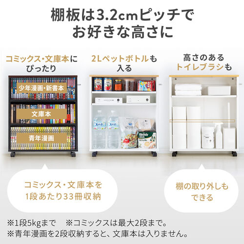 すきま収納ラック 本棚 薄型 低い キャスター付き 3段 幅15.5 奥行55.5 高さ65cm マガジンラック コミックラック 押入れ収納 マルチワゴン ブラック