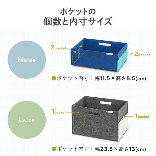 フェルトボックス 収納BOX 収納ケース フェルト 小物入れ ポケット付き　ハンドル付き 幅38cm 奥行25cm 高さ24cm ブルー