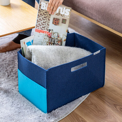 フェルトボックス 収納BOX 収納ケース フェルト 小物入れ ポケット付き　ハンドル付き 幅38cm 奥行25cm 高さ24cm ブルー
