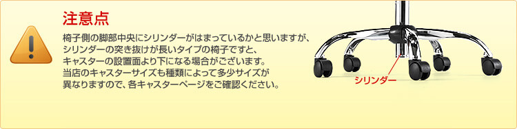 注意点　椅子用の脚部中央シリンダーがはまっているかと思いますが、シリンダーの突き抜けが長いタイプの椅子ですと、当店のキャスターサイズも種類によって多少サイズが異なりますので、各キャスターページをご確認下さい。